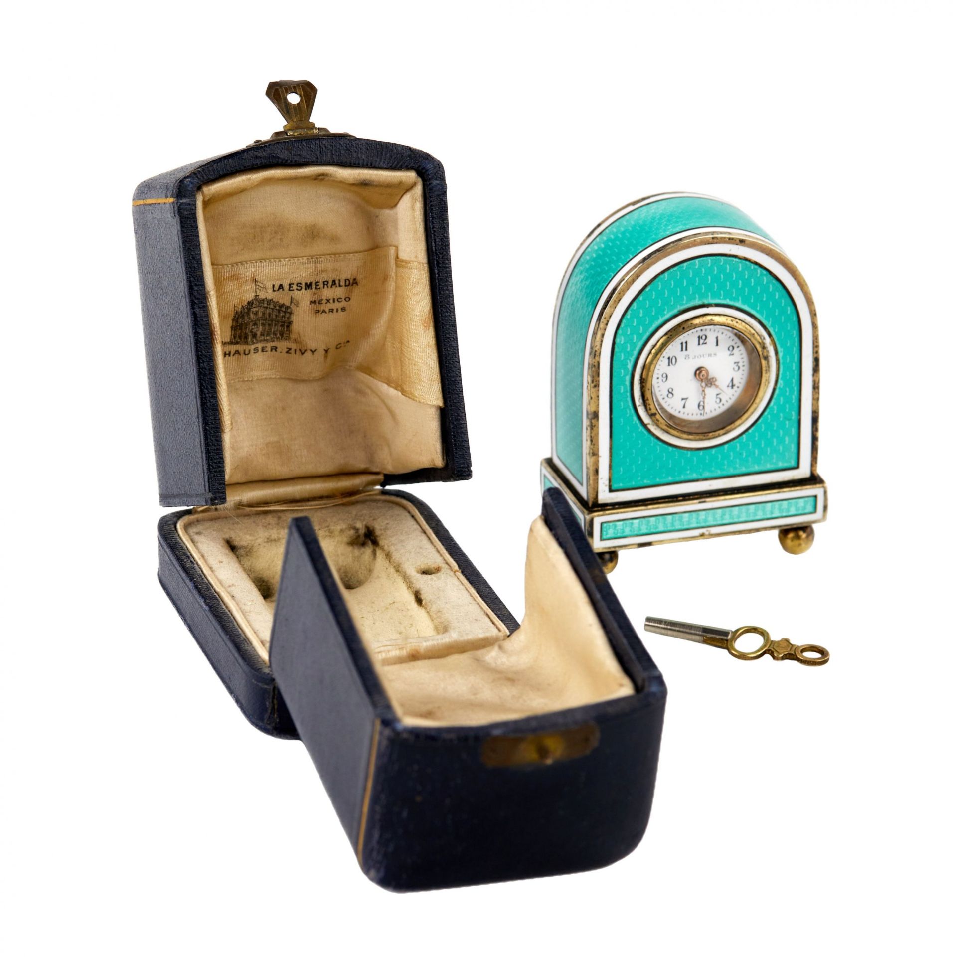 Miniature travel clock in guilloche enamel on silver, in its own case. - Image 6 of 10