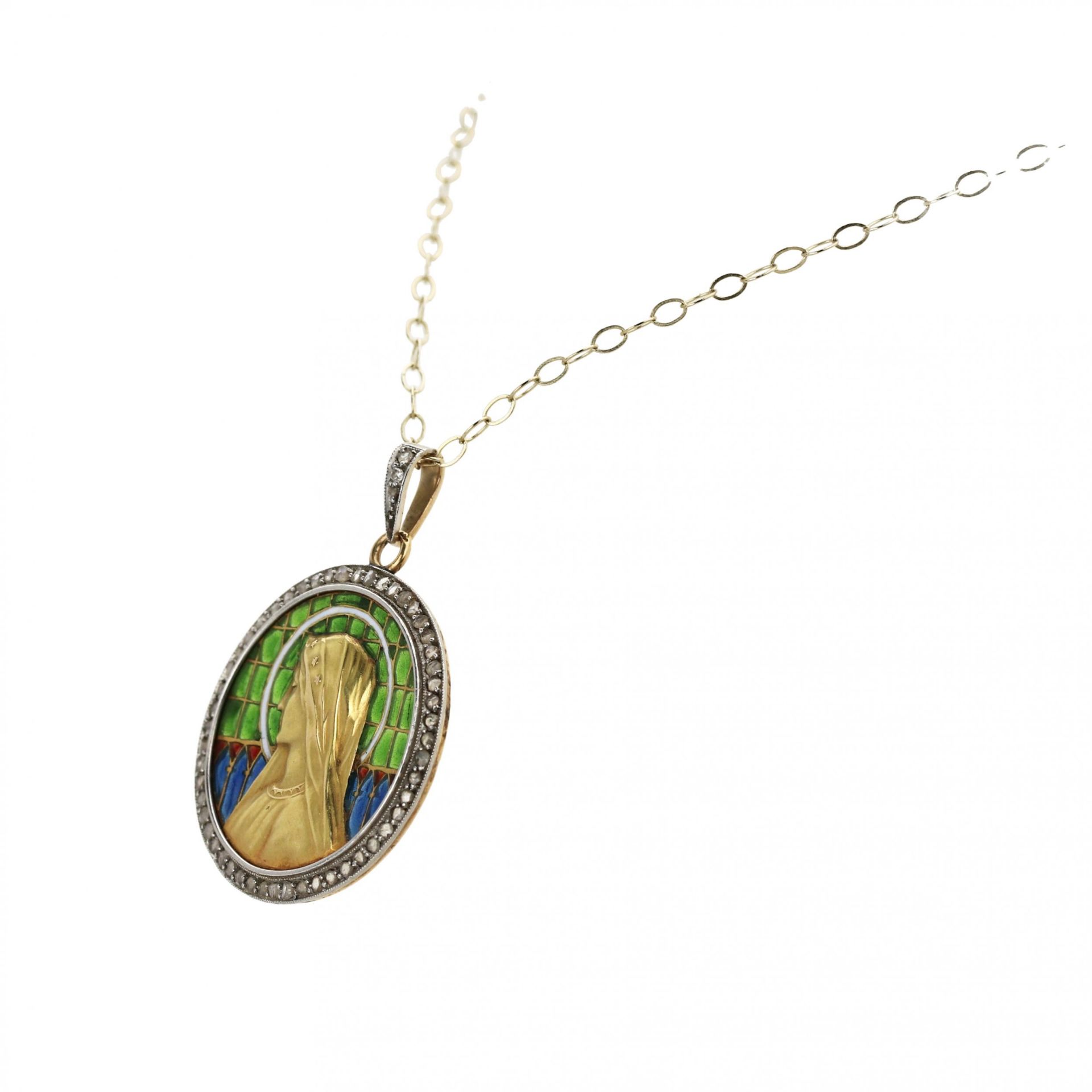 An elegant gold pendant on a chain with Our Lady on stained glass enamel, in an antique case. - Bild 3 aus 8
