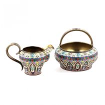 Silver creamer and sugar bowl in enamel decor. 11 Artel.