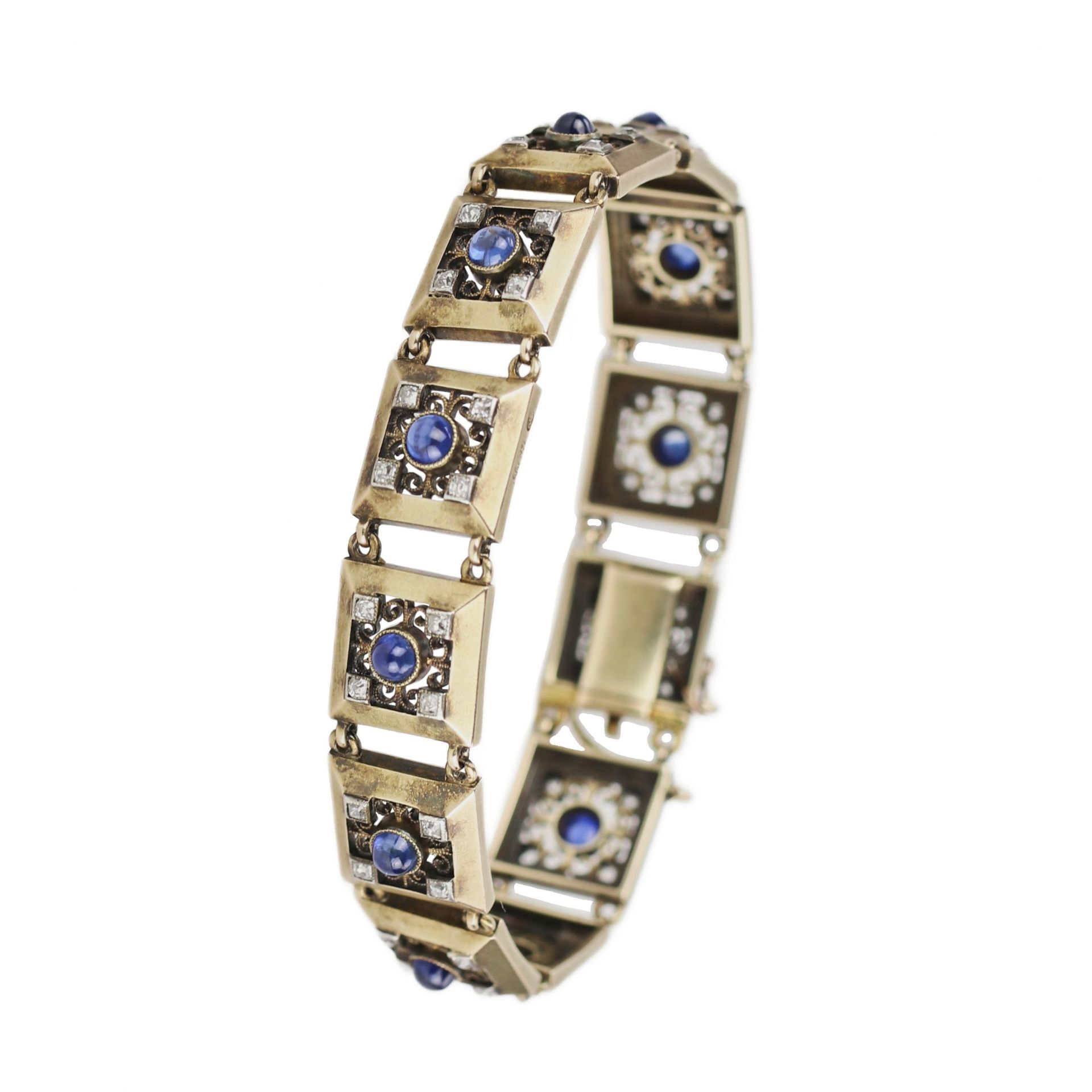 Elegant 56-carat Russian gold bracelet with sapphires and diamonds from Faberge firm. Moscow, Russia