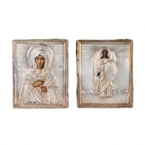 Russian icons in silver of Saints Tatiana and Archangel Michael.