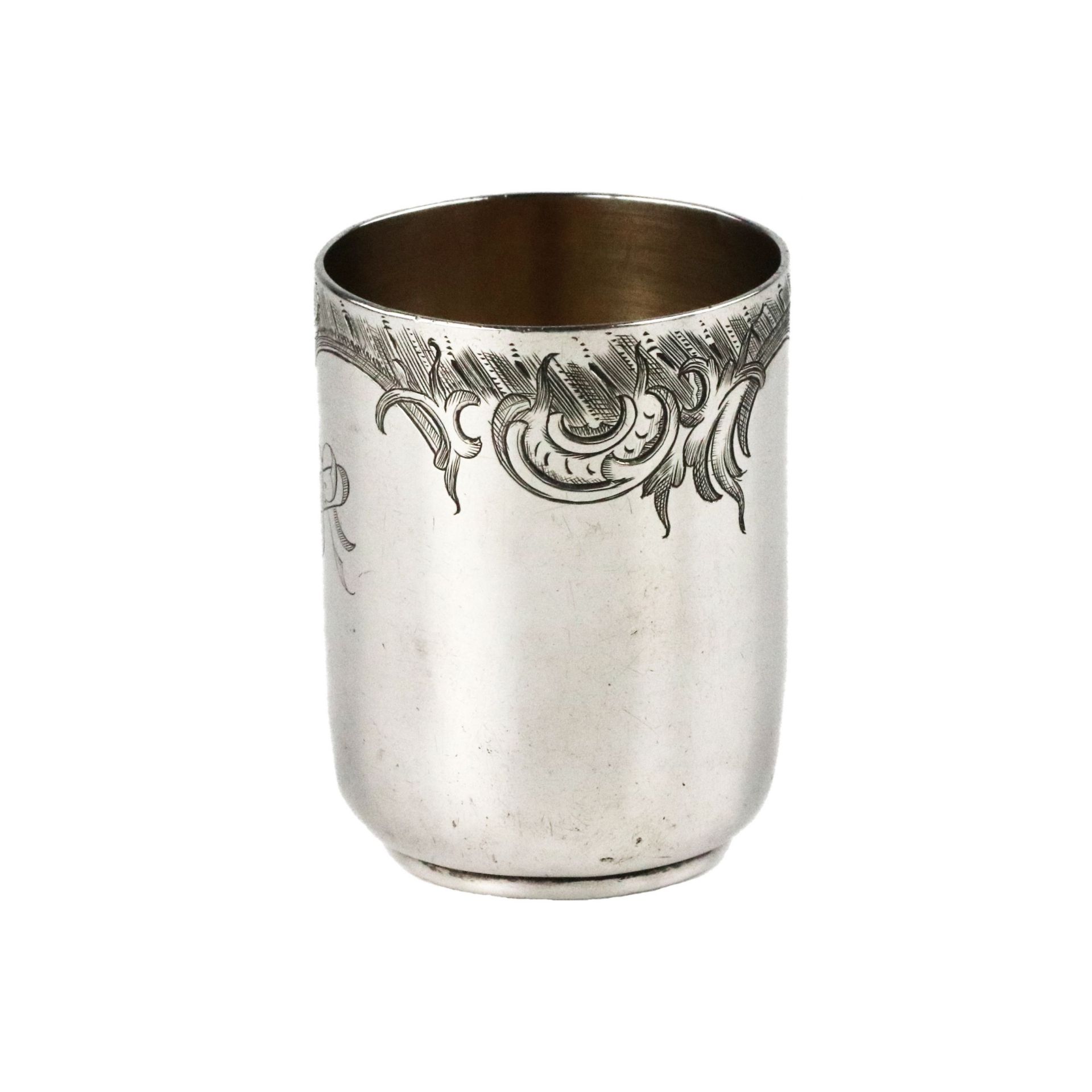 Ovchinnikov`s silver vodka cup with baroque ligature along the edge of the body. Last quarter of the - Image 3 of 7