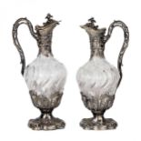 Wine pair of glass jugs in silver, Louis XV style. France late 19th century.