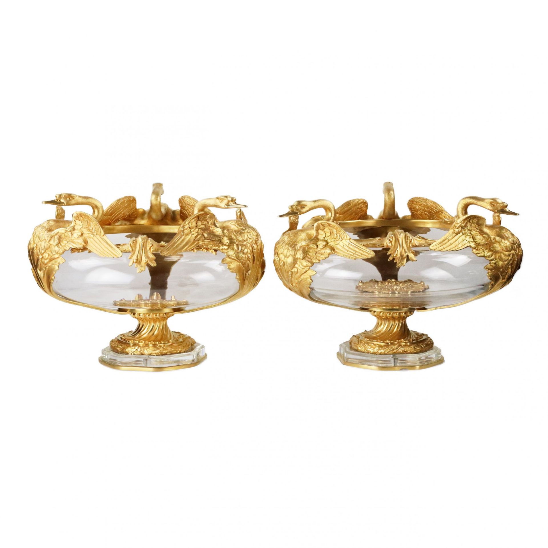 Pair of round vases in cast glass and gilded bronze with swans motif. France 20th century. - Image 3 of 8
