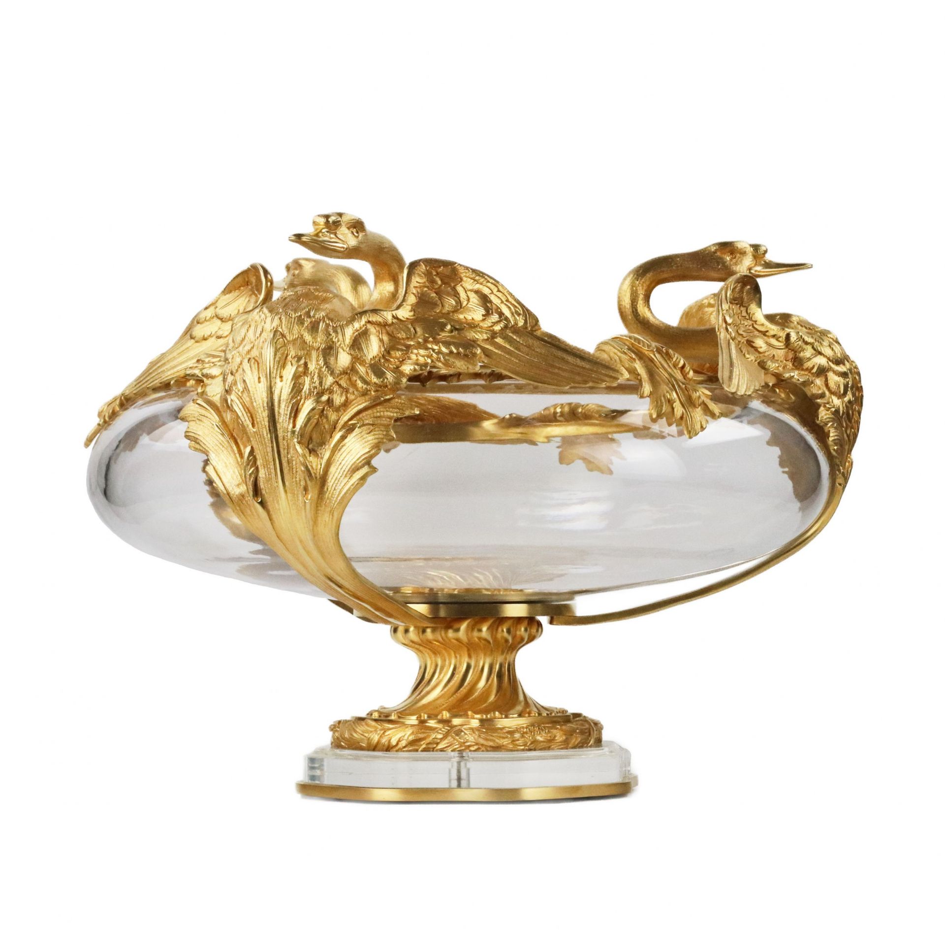 Pair of round vases in cast glass and gilded bronze with swans motif. France 20th century. - Image 7 of 8