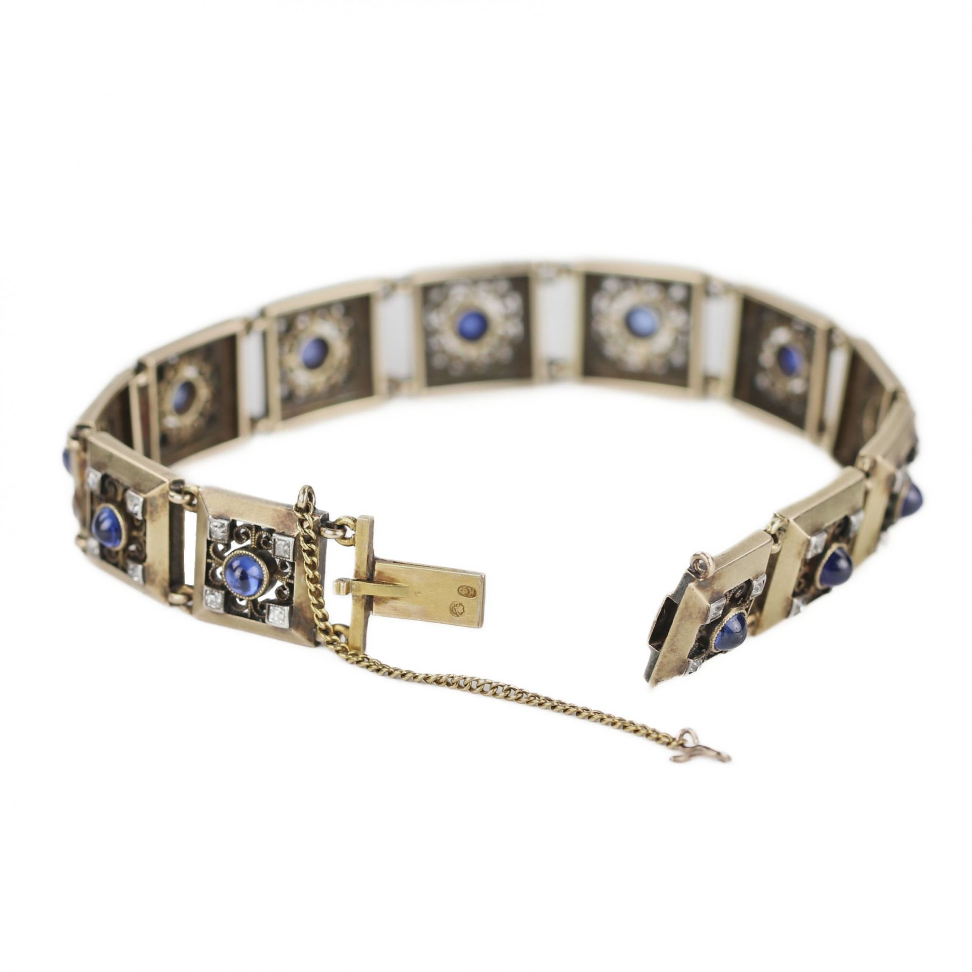 Elegant 56-carat Russian gold bracelet with sapphires and diamonds from Faberge firm. Moscow, Russia - Image 3 of 8