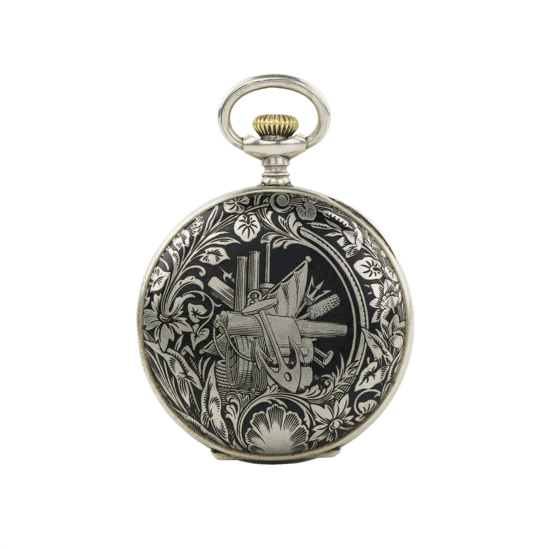 Russian pocket watch with blackened metal pattern. Diogenes company. Early 20th century. - Image 4 of 5