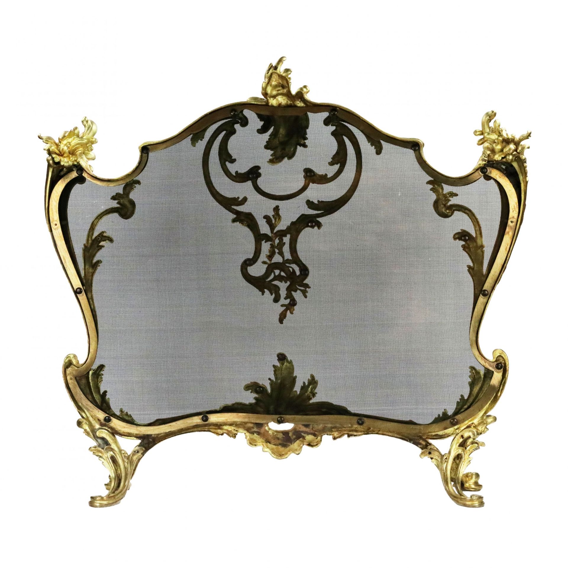 Bouhon. Fireplace screen in gilded bronze with metal protective mesh, Louis XV style. - Image 4 of 5