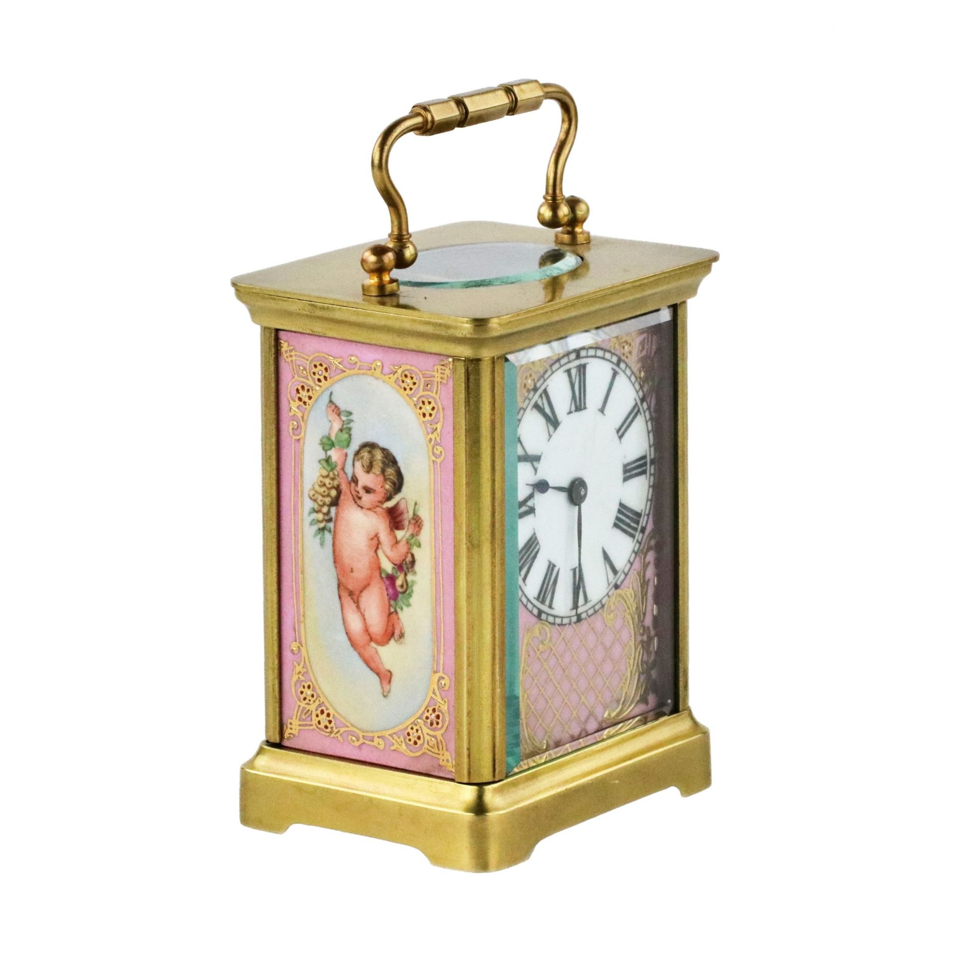 French carriage clock with porcelain painting, neo-rococo style. The turn of the 19th-20th centuries