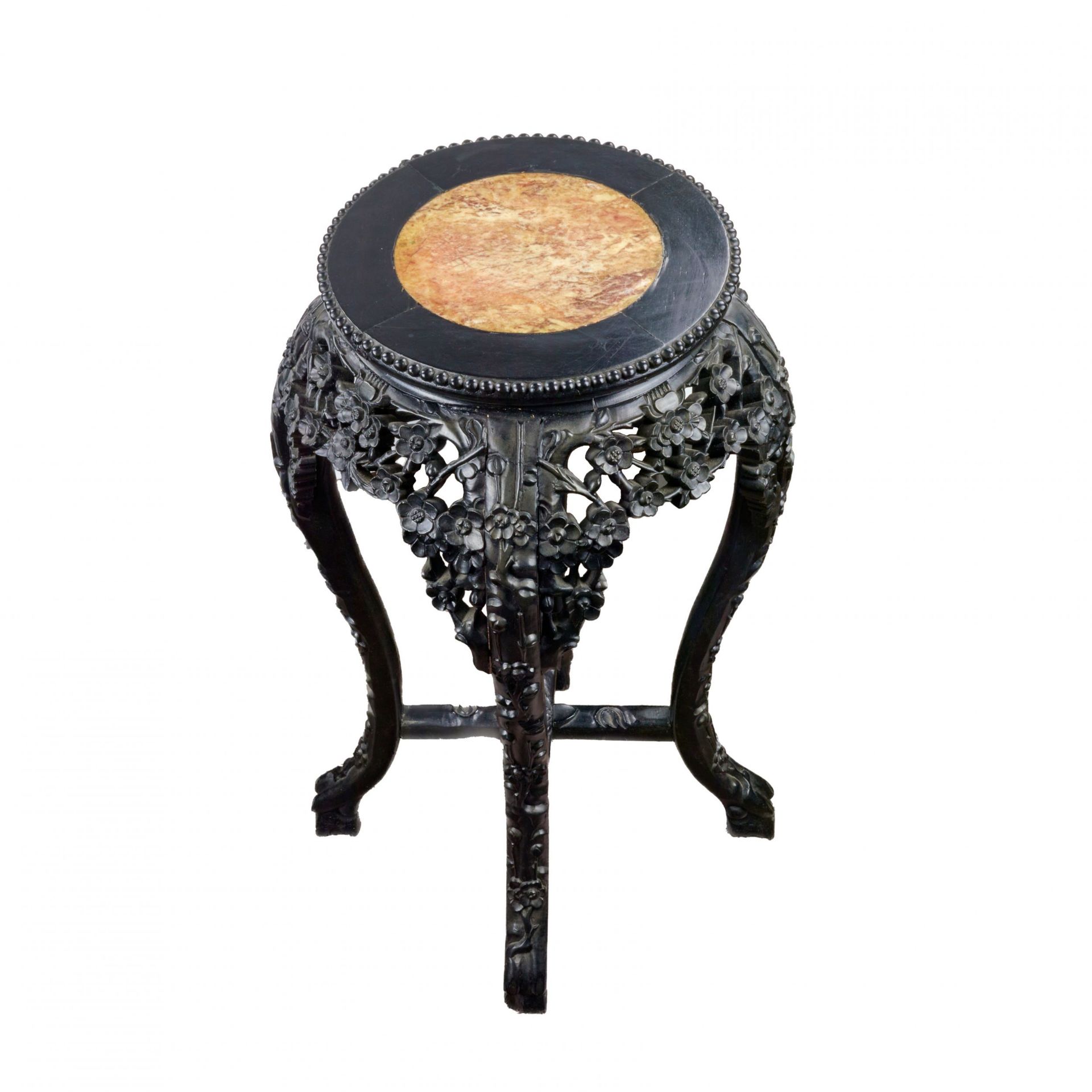Carved Chinese vase stand, ebony with marble. - Image 4 of 4