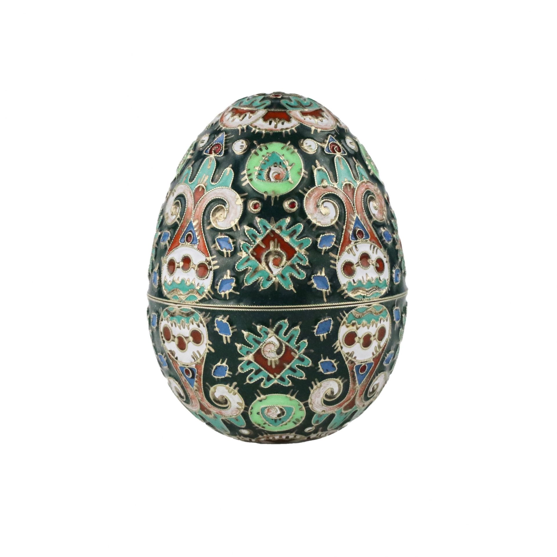 Two-part decorative silver Easter egg with cloisonne enamel.