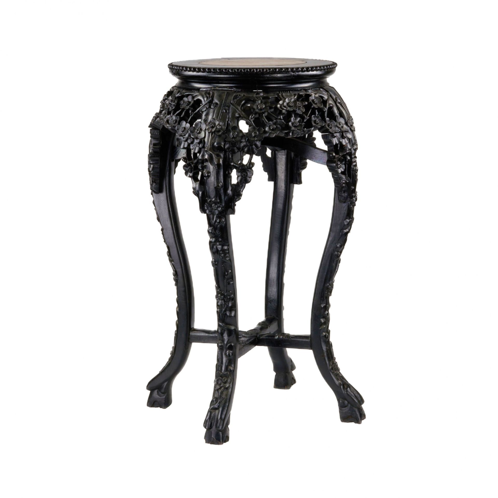 Carved Chinese vase stand, ebony with marble. - Bild 3 aus 4