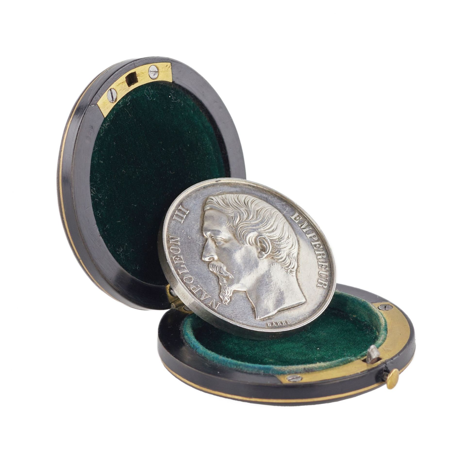 Napoleon III era memorial silver medal in a Boulle style case. France. 19th century. - Image 2 of 6