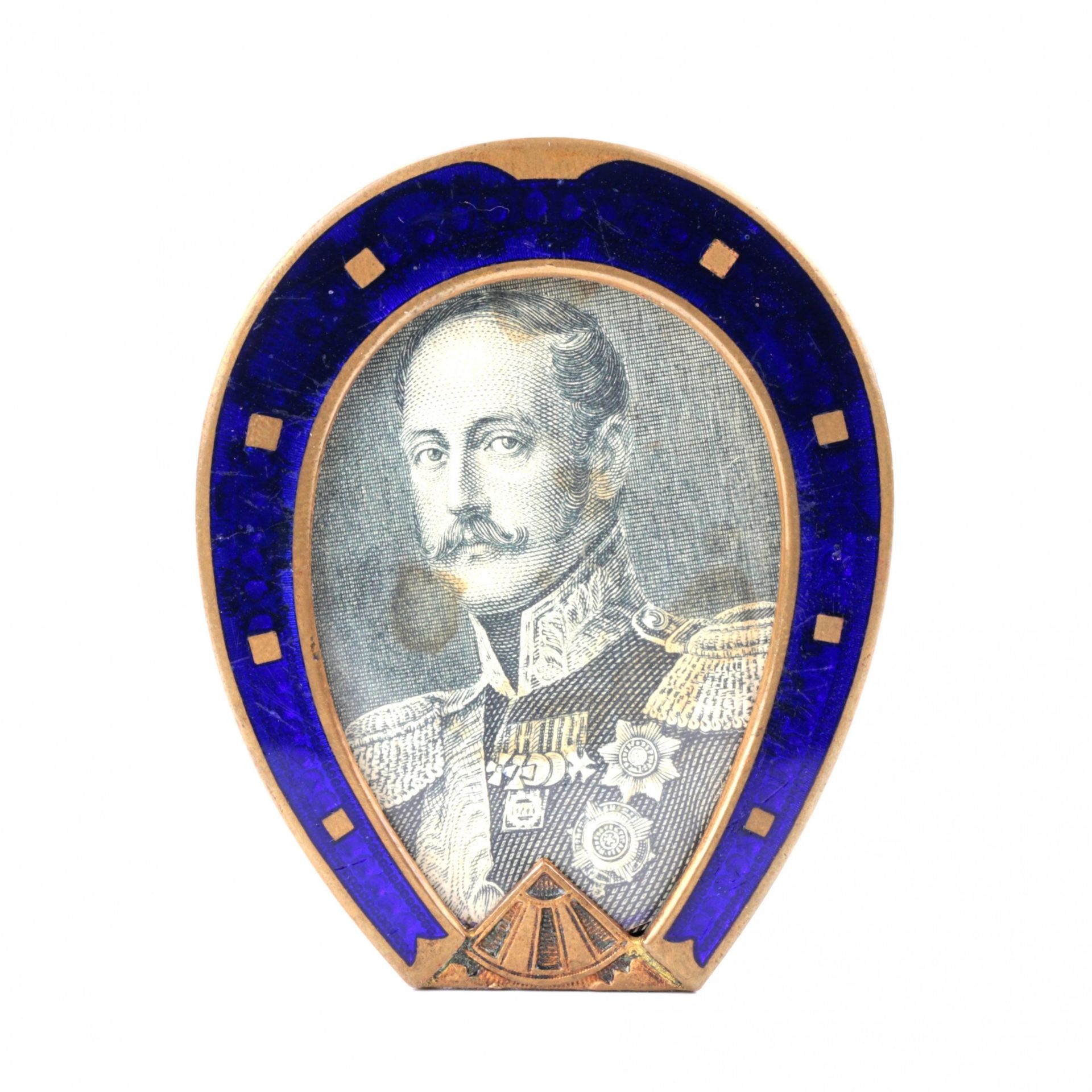 Photo frame in the shape of a horseshoe, with blue enamel from the late 19th century.