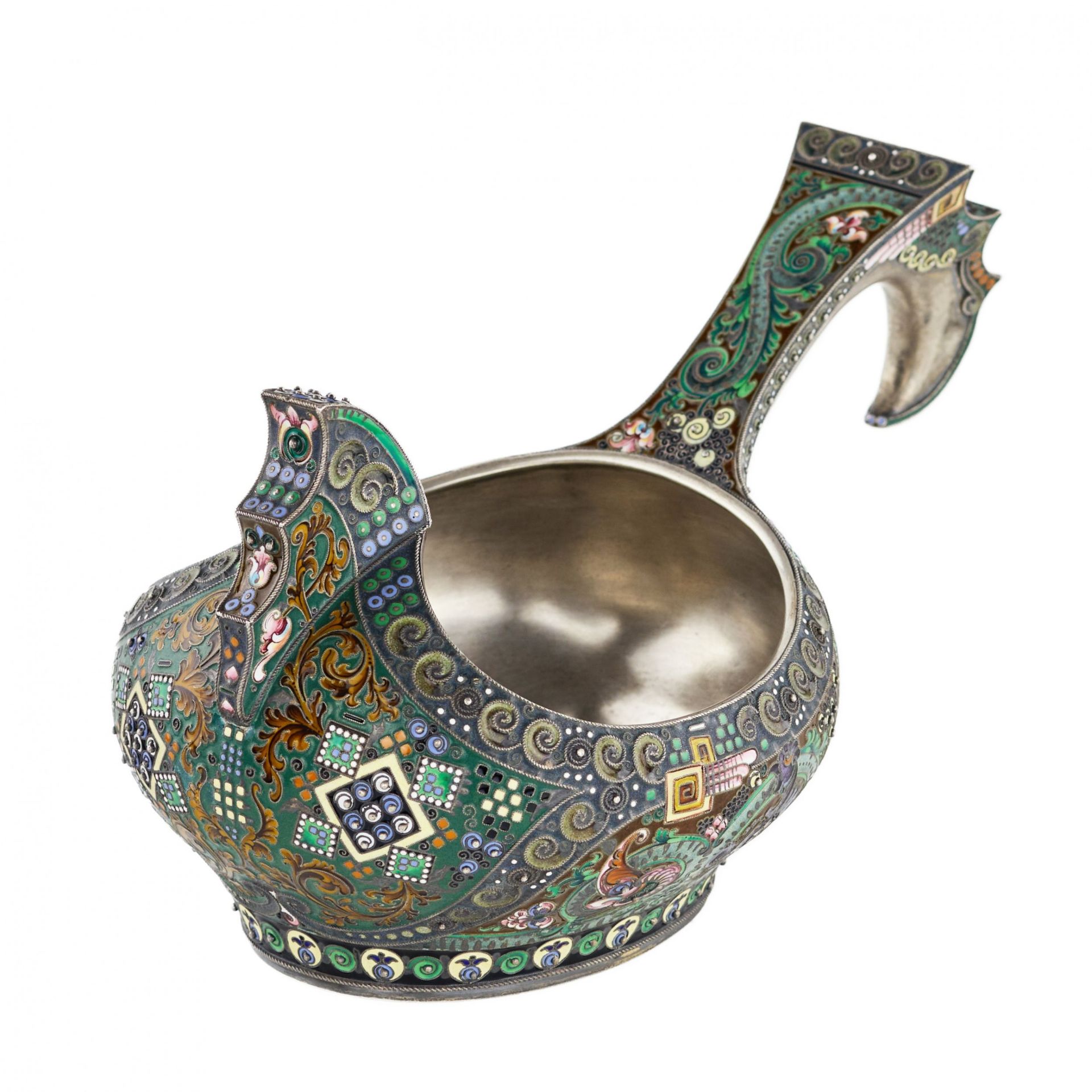 A graceful silver kovsh in the Russian Art Nouveau style of the 11th Moscow artel. Early 20th centur - Image 2 of 9