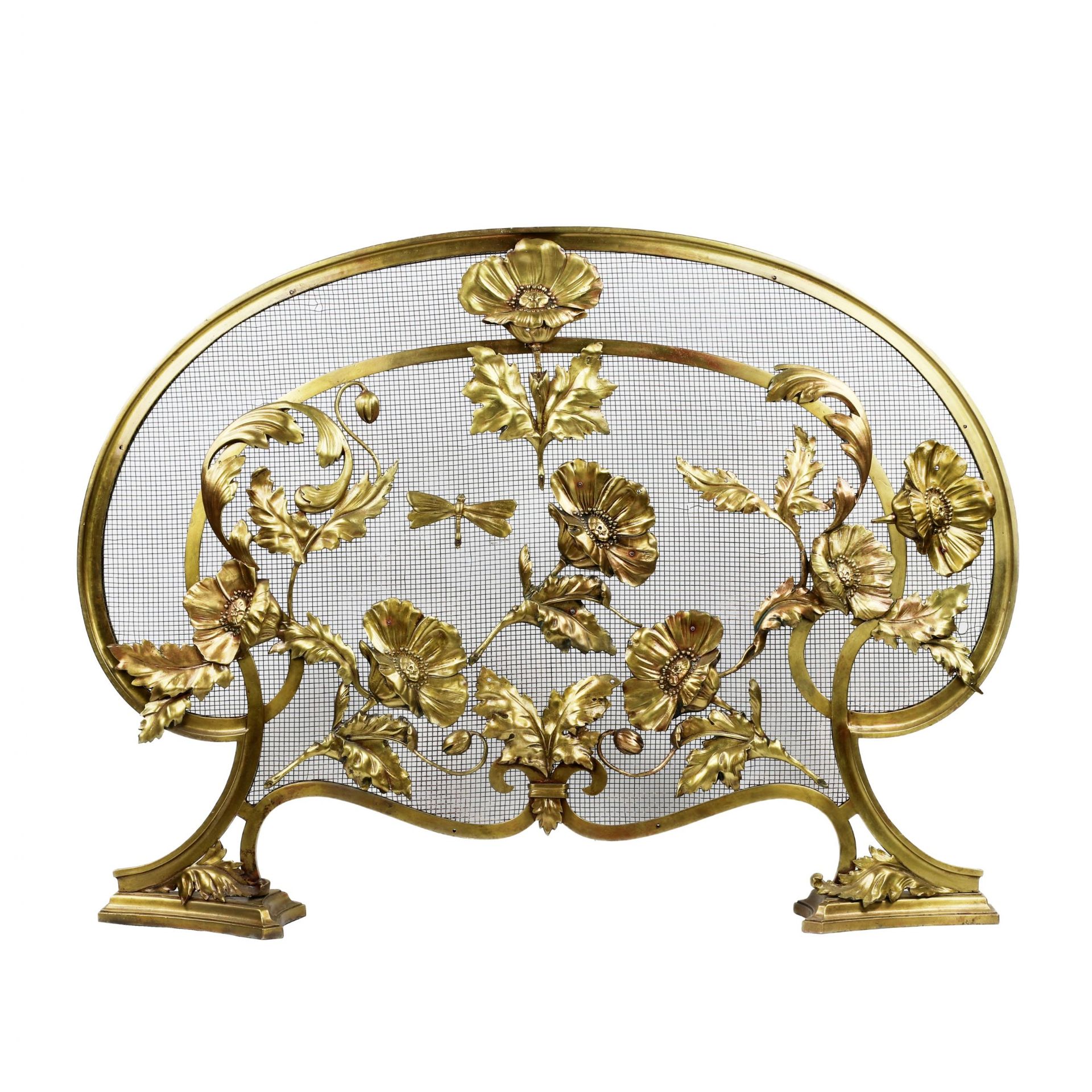 Elegant mantel screen in bronze, with poppies, in Art Nouveau style. France, around 1900