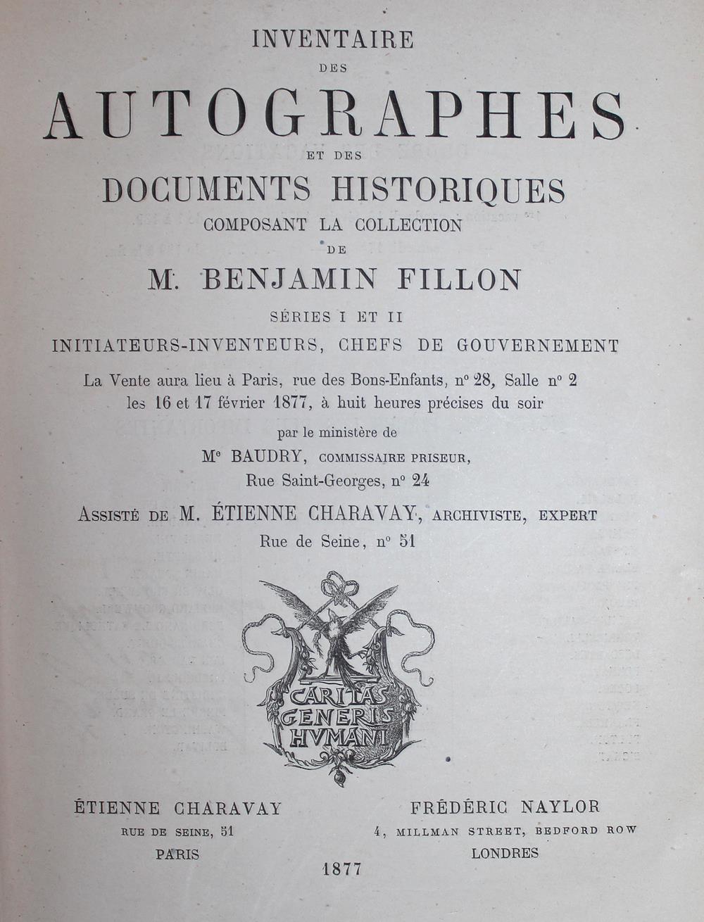 Inventaire des autographes et des documents