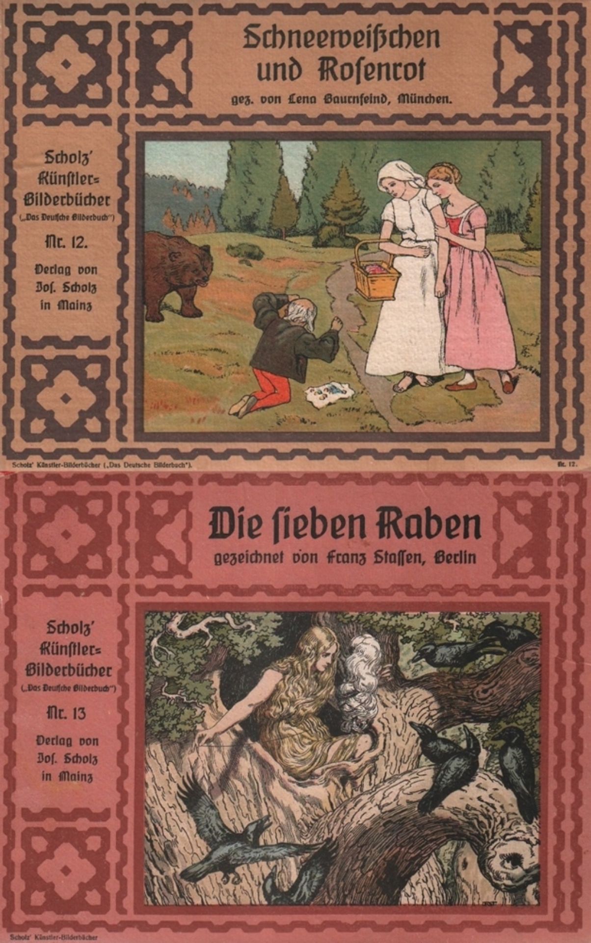 Kinderbuch. Grimm. Schneeweißchen und Rosenrot. Mainz, Scholz, um 1920. Quer 4°. Mit farbigen