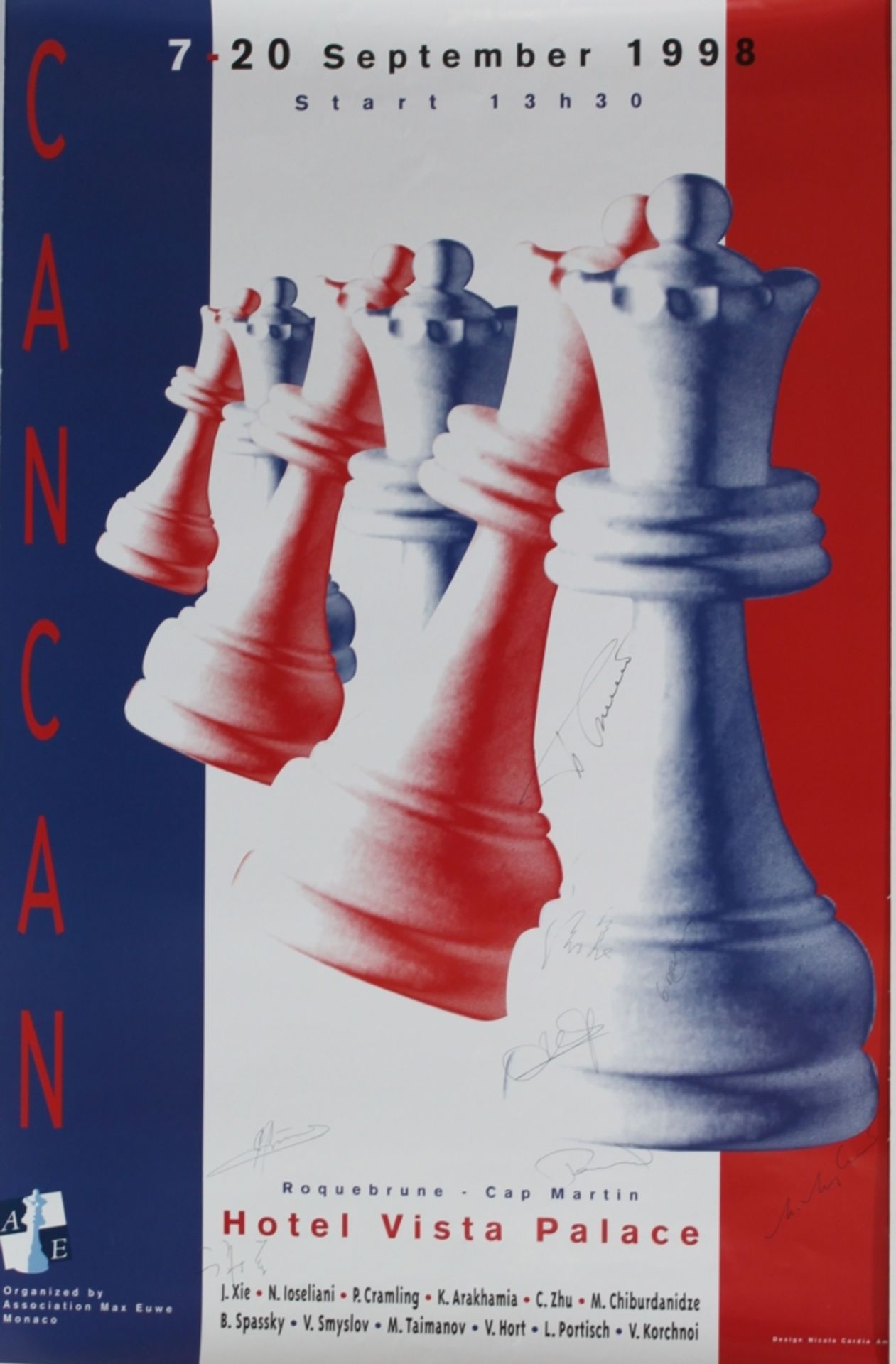 Roquebrune 1998. Cancan Chess Tournament 7 – 20 September 1998. Plakat mit Schachfigurenmotiv, ca.