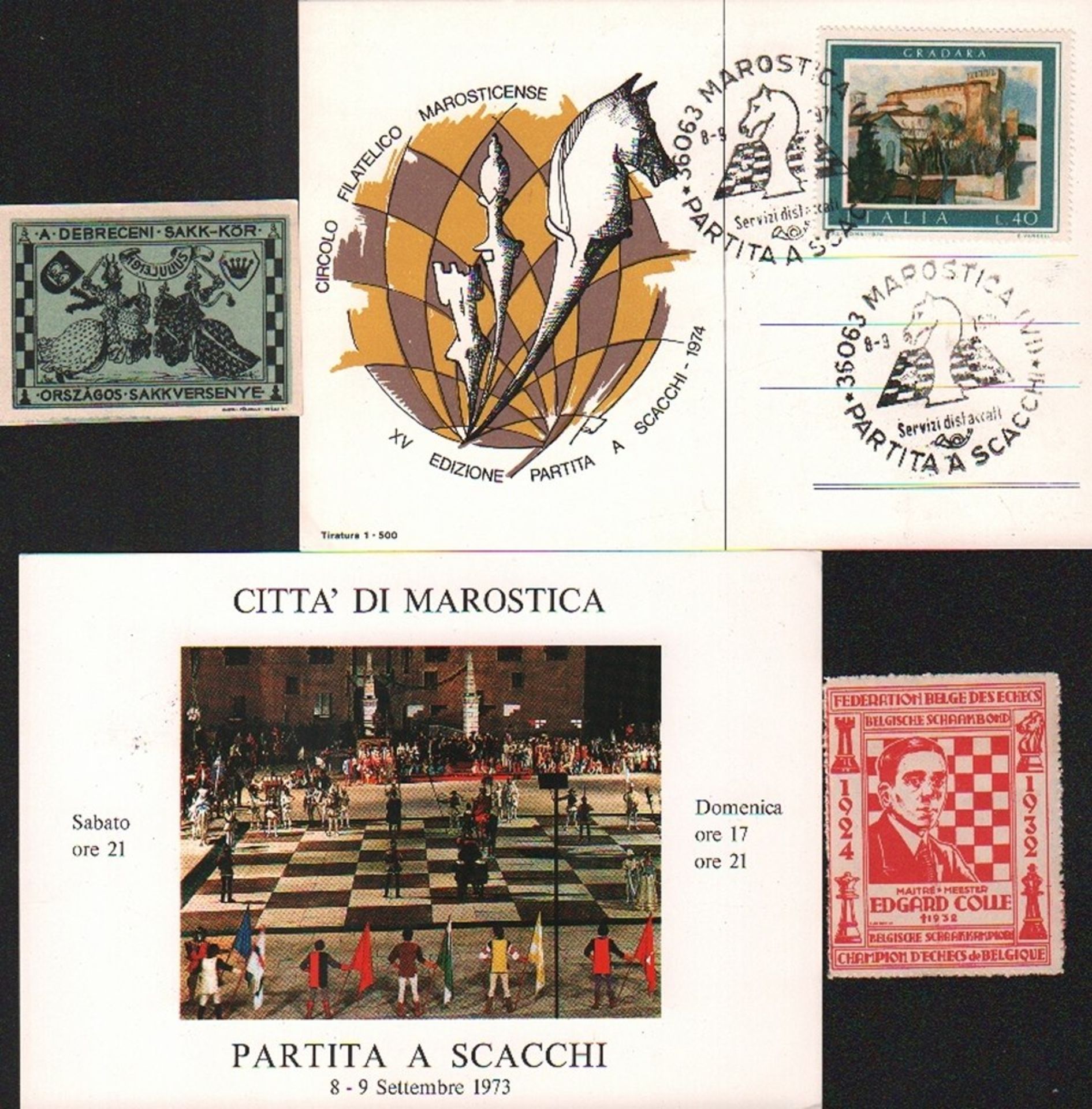 Postkarten mit Motiven aus Marostica, zum Gartenschach und Schachmarken. Private Sammlung von ca. 35