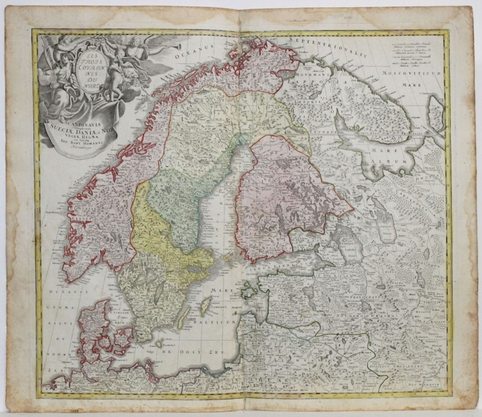 Landkarten. Skandinavien. Kolorierte Kupferstichkarte von J. B. Homann, ca. 1720. Bildgröße 55,5 x