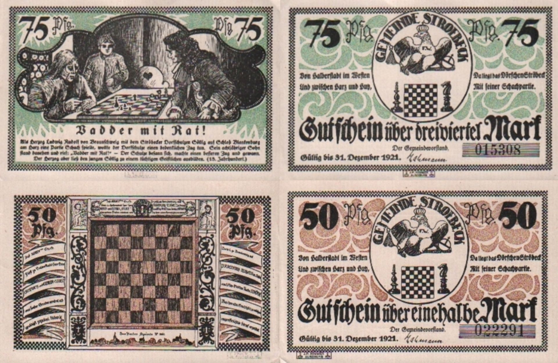 Notgeld. Ströbeck. 3 Notgeldscheine der Gemeinde Ströbeck mit Verfalldatum 31. Dezember 1921 im Wert