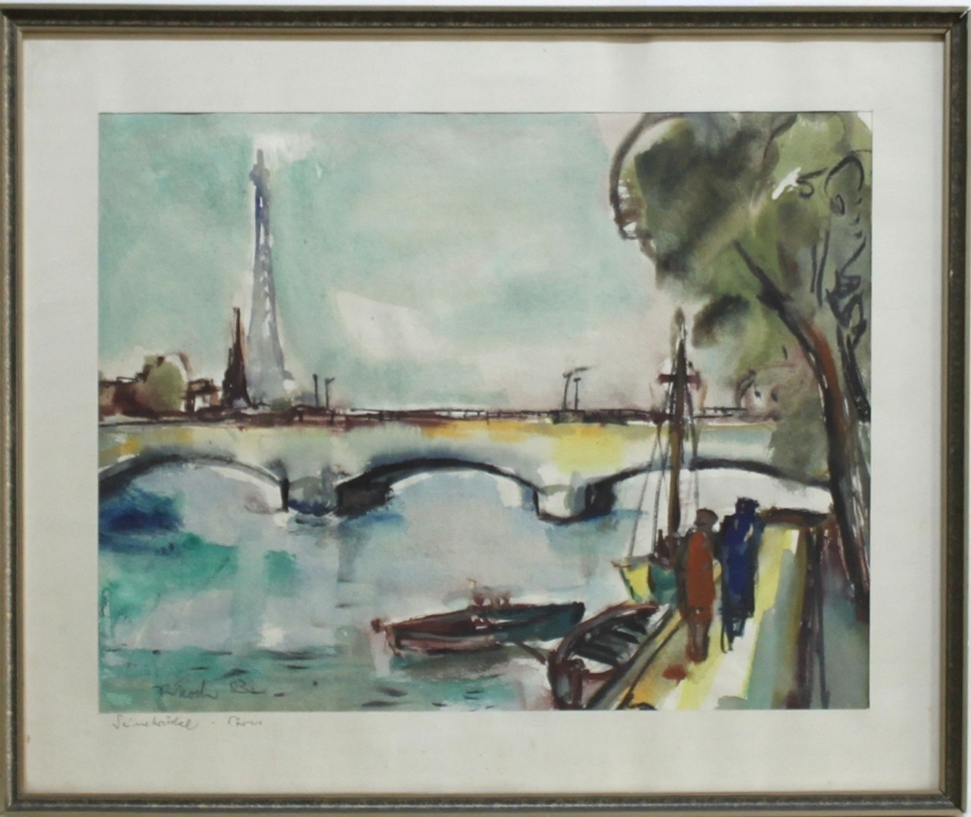 Koch, Rudolf. “Seinebrücke – Paris“. Aquarell (Mischtechnik) auf Papier. Unten links signiert und