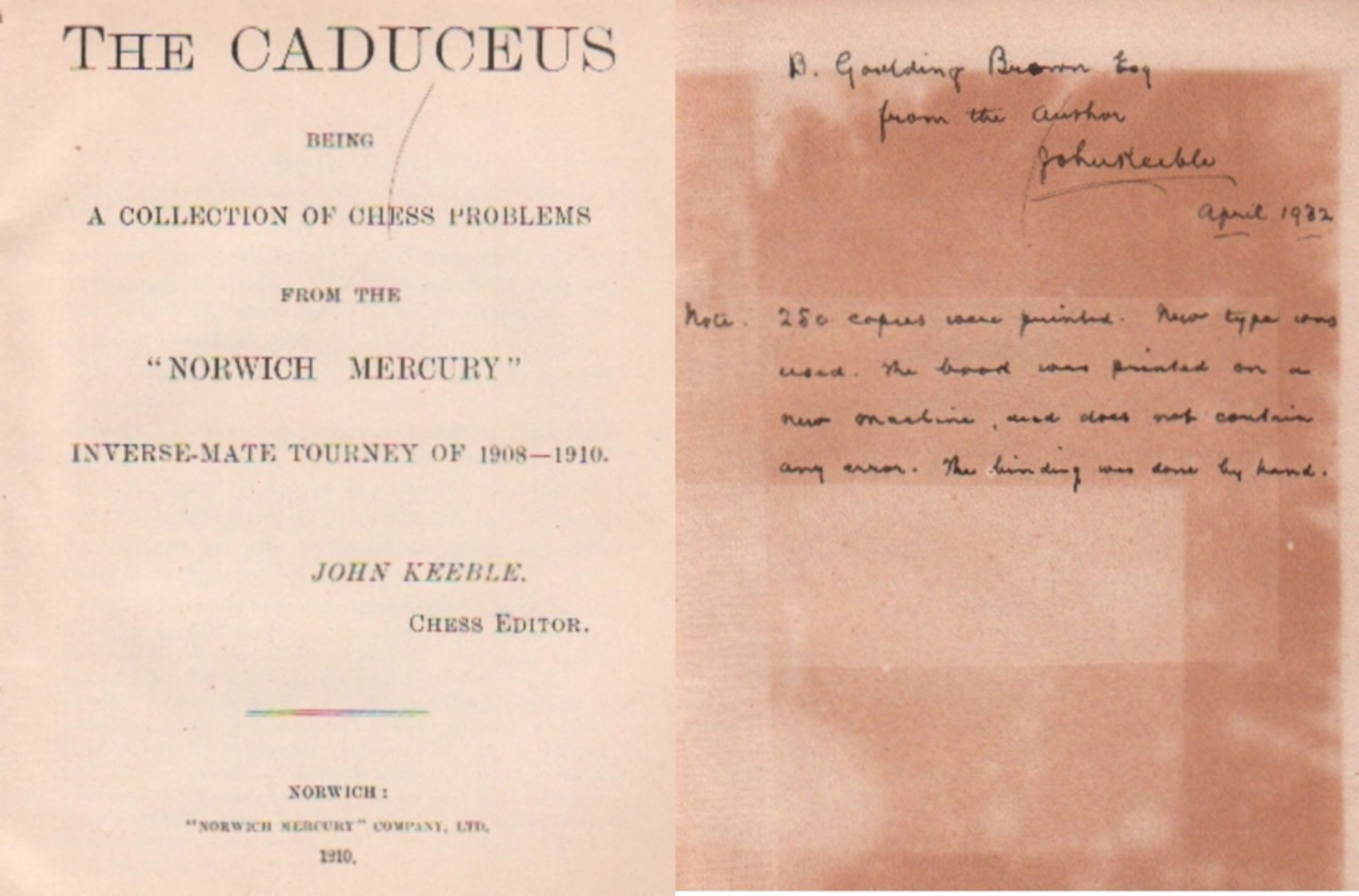 Keeble, John. (Hrsg.) The caduceus being a collection of chess problems from the "Norwich Mercury"