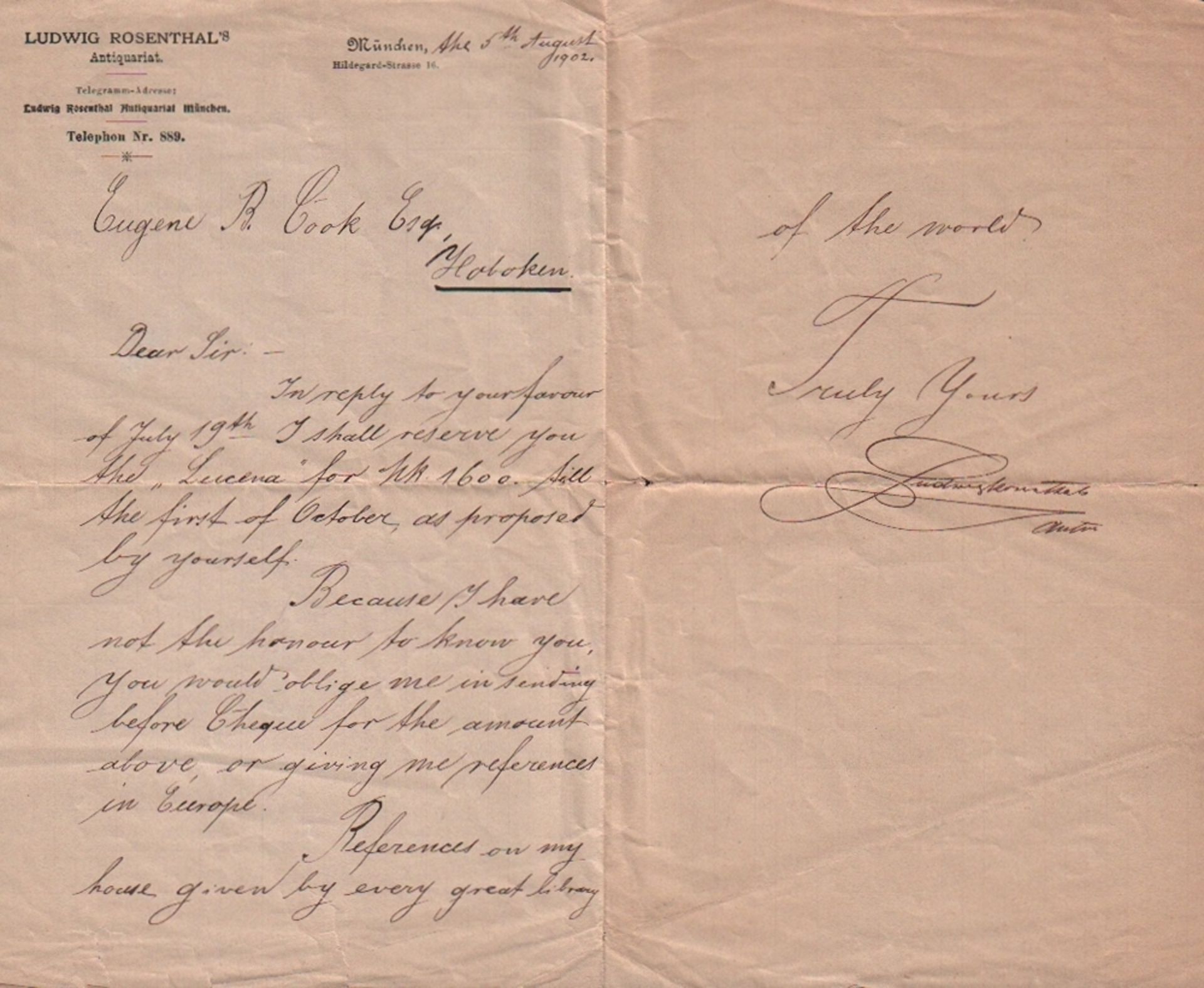 Rosenthal, Ludwig. Eigenhändig geschriebener Brief in englischer Sprache mit gedrucktem Briefkopf