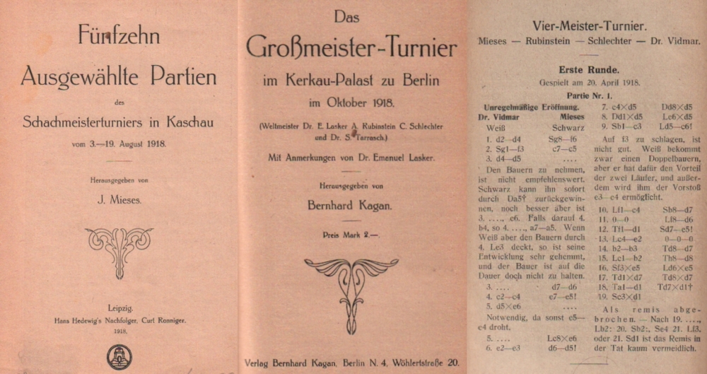 Berlin 1918. Kagan, B. (Hrsg.) Das Großmeister - Turnier im Kerkau - Palast zu Berlin im Oktober