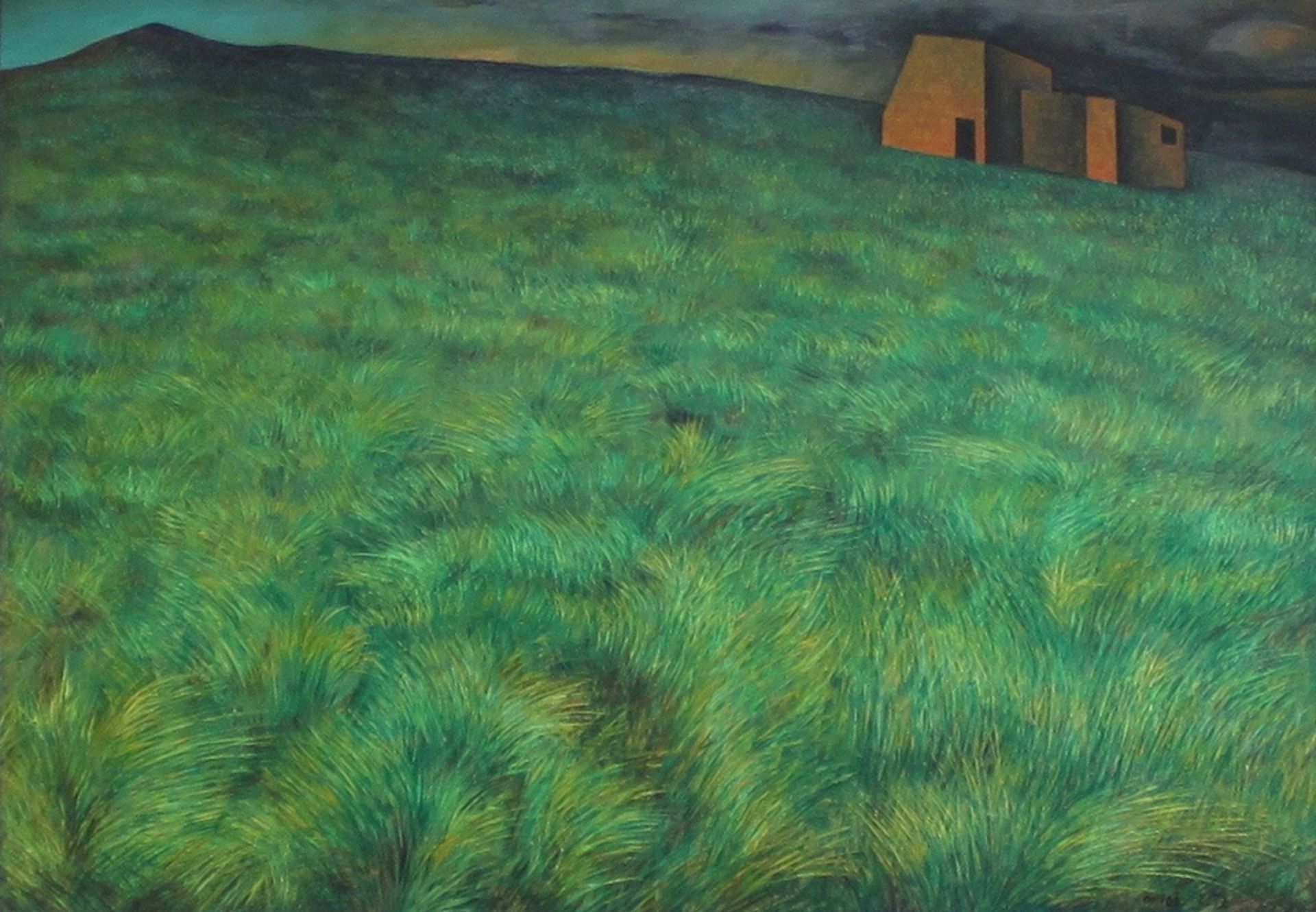 Orlob, Bernward. (Graslandschaft mit zwei Gebäuden). Öl / Acrylmalerei (Mischtechnik) auf