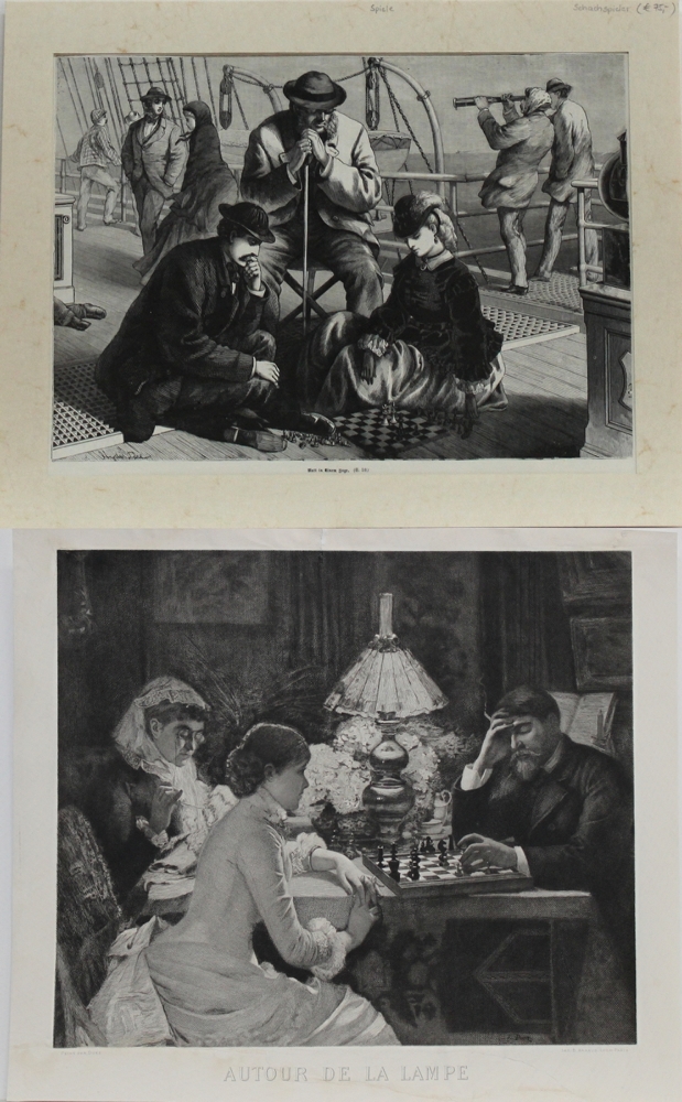 Schachgraphik. Konvolut von 5 Holzstichen / Drucken mit Schachmotiven aus der Zeit um 1900.