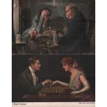 Postkarte. Herren beim Schachspiel. 5 farbige und 1 schwarzweiße, teilweise postalisch gelaufene