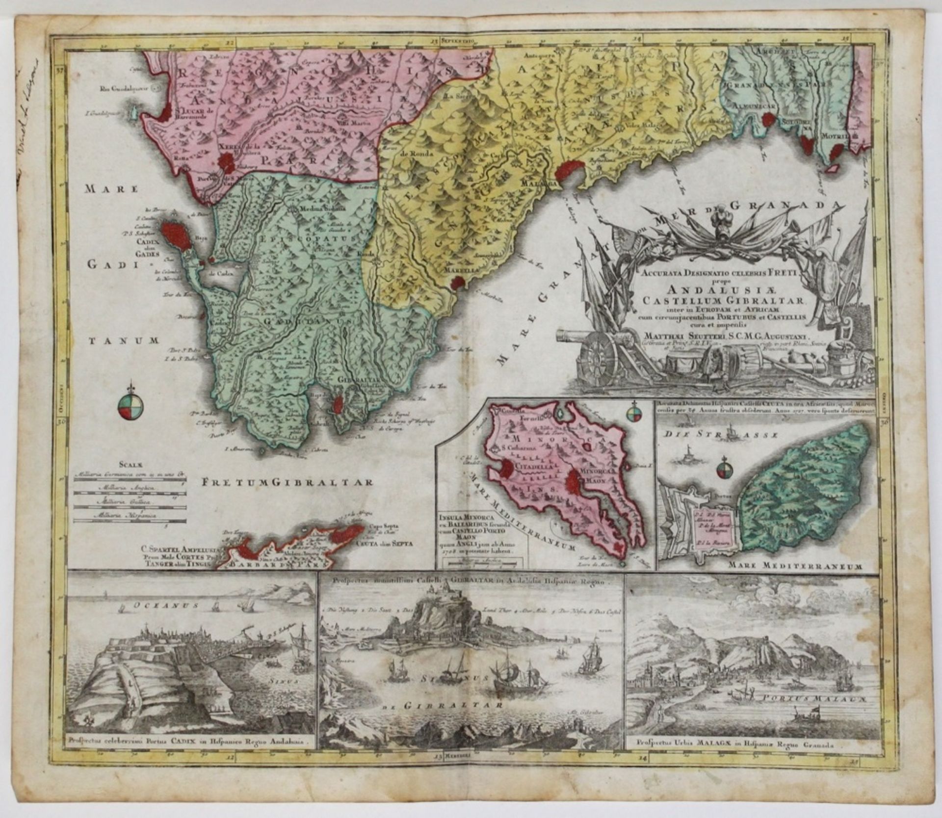 Spanien. Andalusien. Kolorierte Kupferstichkarte von M. Seutter, ca. 1740. Bildgröße 57 x 49 cm (