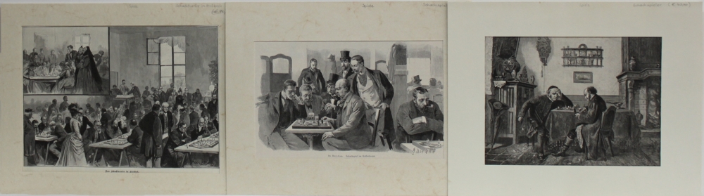 Schachgraphik. Konvolut von 6 Holzstichen / Drucken mit Schachmotiven aus der Zeit um 1900.