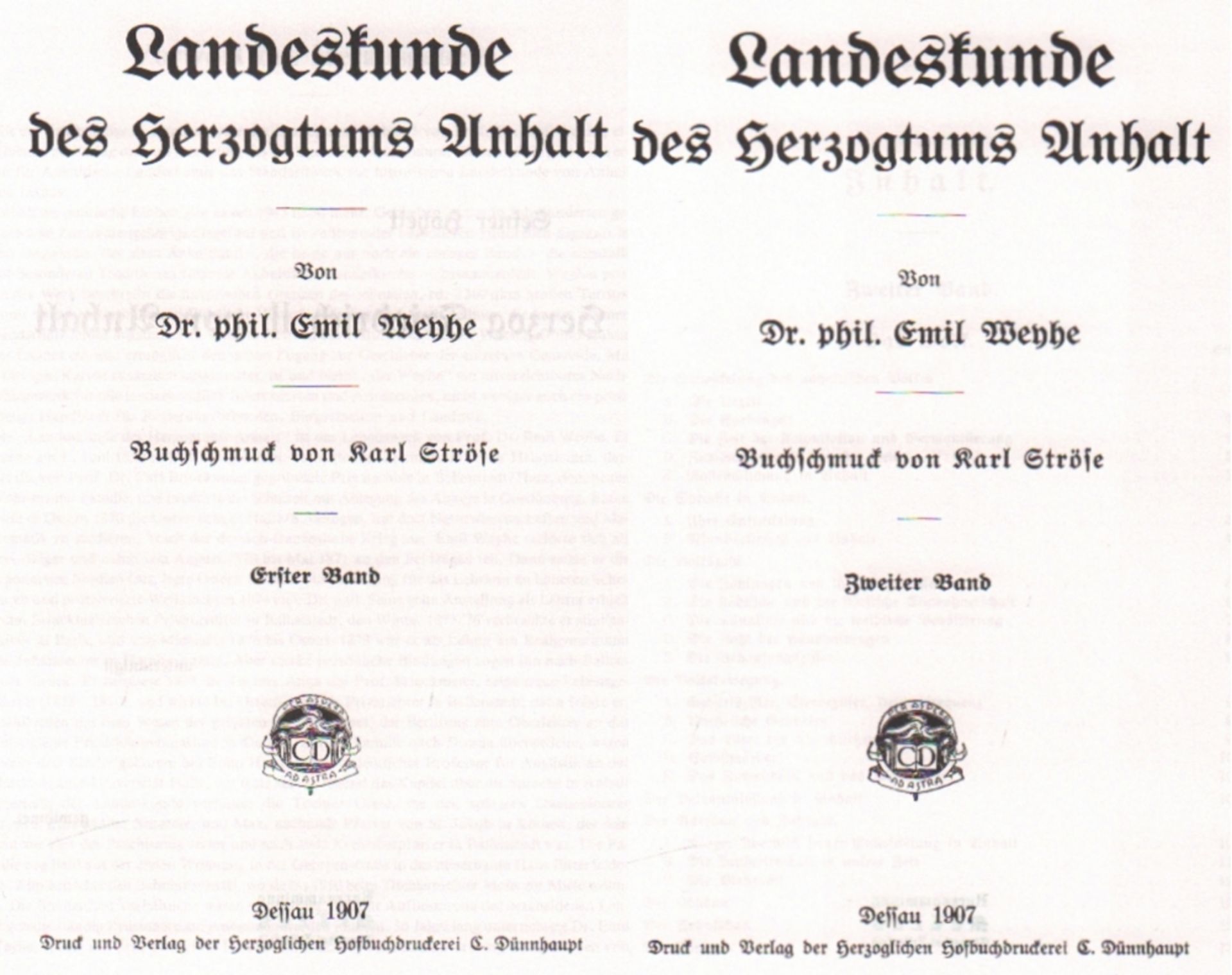 Anhalt. Weyhe, Emil. Landeskunde des Herzogtums Anhalt. 2 Bände der Ausgabe Dessau, 1907.