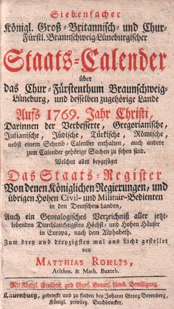 Hannover Staats - Calender 1769. Siebenfacher Königl. Groß - Britannisch - und Chur - Fürstl.