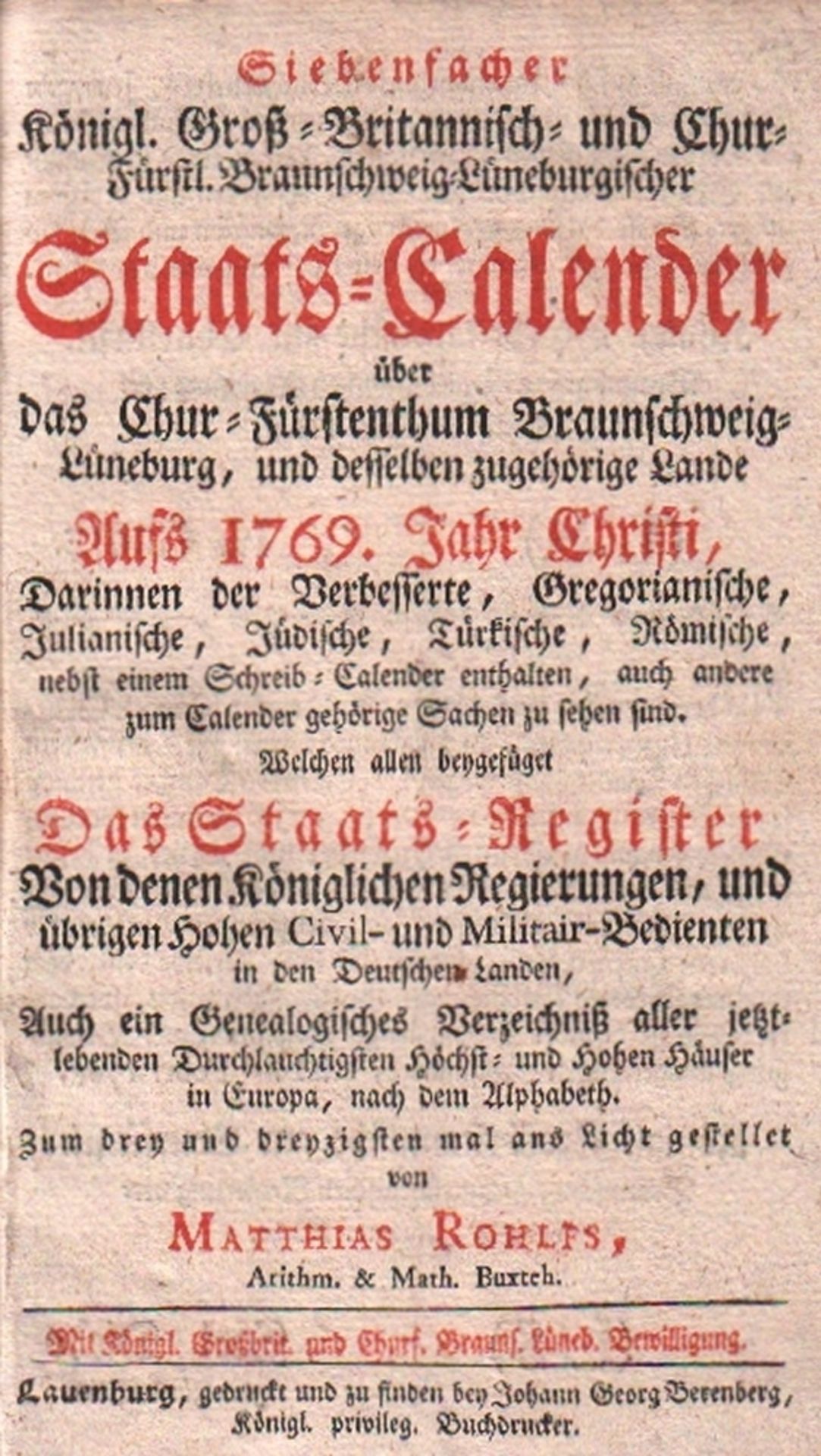 Hannover Staats - Calender 1769. Siebenfacher Königl. Groß - Britannisch - und Chur - Fürstl.