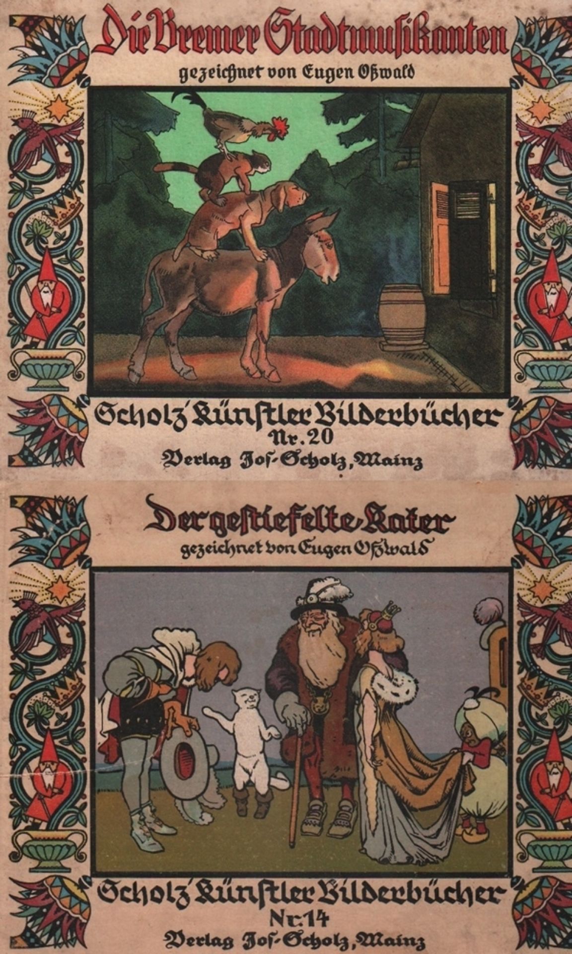 Kinderbuch. Grimm. Die Bremer Stadtmusikanten. Mainz, Scholz, um 1920. Quer 4°. Mit farbigen Bildern