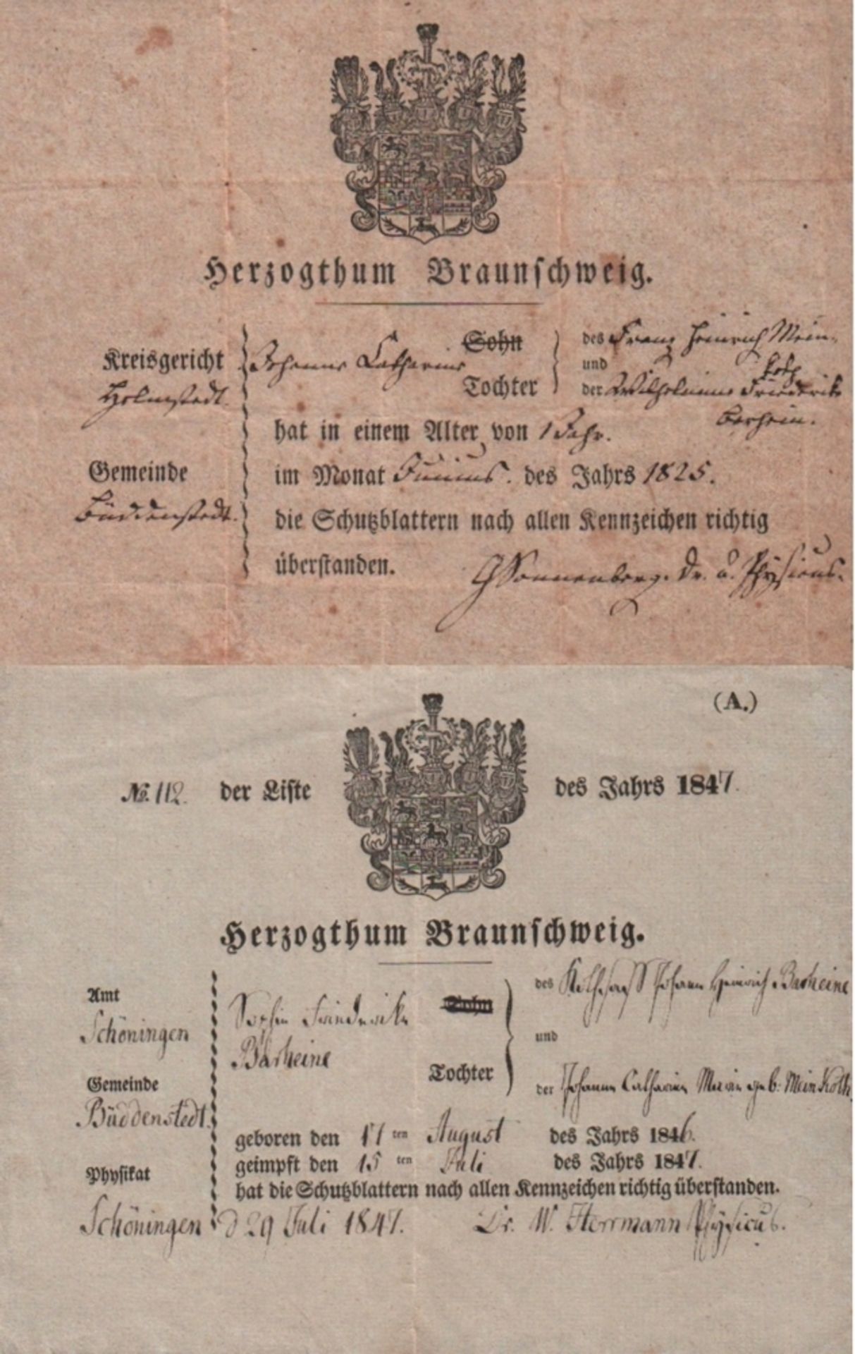 Braunschweig / Büddenstedt. Zwei Impfbescheinigungen. 1825 und 1847, für die Impfung gegen