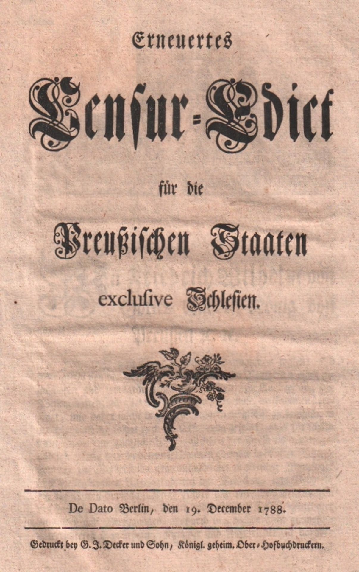 Preußen. Edikt. Friedrich Wilhelm II. Erneuertes Censur – Edict für die Preußischen Staaten