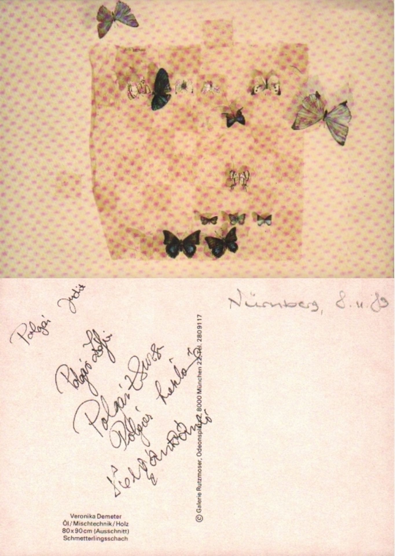 Polgár. Farbige Karte aus dem Jahr 1989 mit fünf eigenhändigen Unterschriften der Familie Polgár auf
