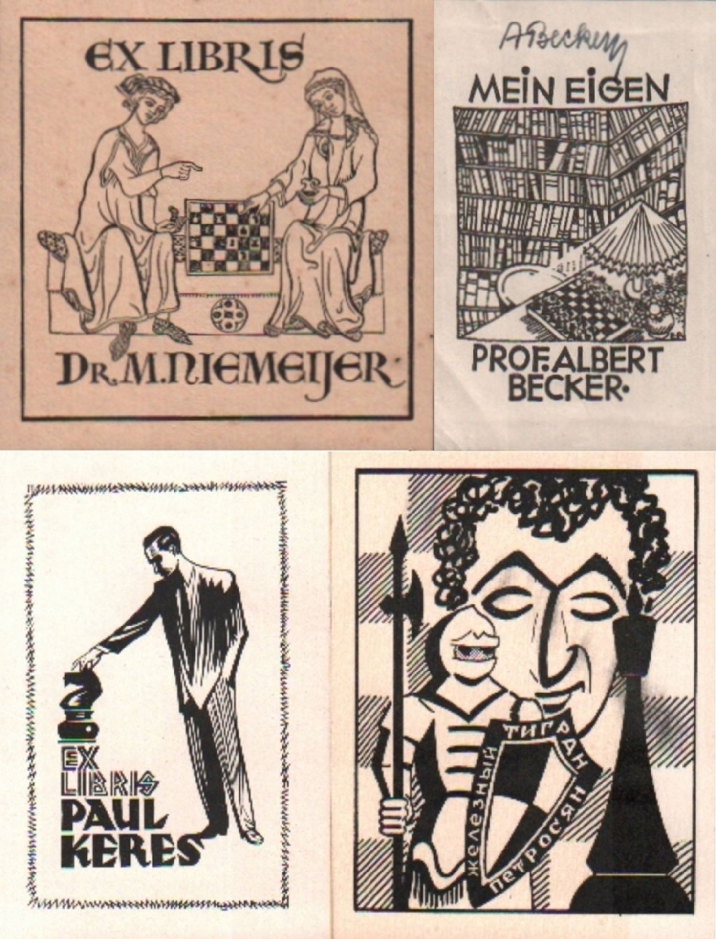 Exlibris. Sammlung von Exlibris mit Schachmotiven. Konvolut von 30 gedruckten Exlibris, davon 7