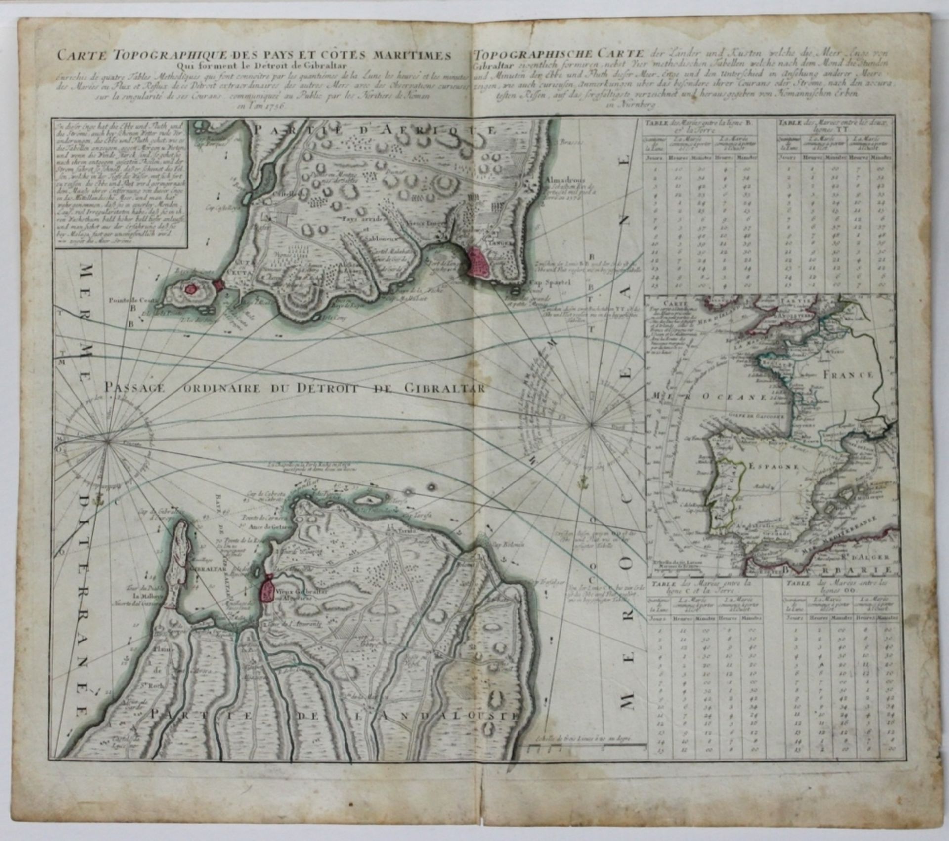 Spanien. Afrika. Straße von Gibraltar. Leicht kolorierte Kupferstichkarte von Homanns Erben, in