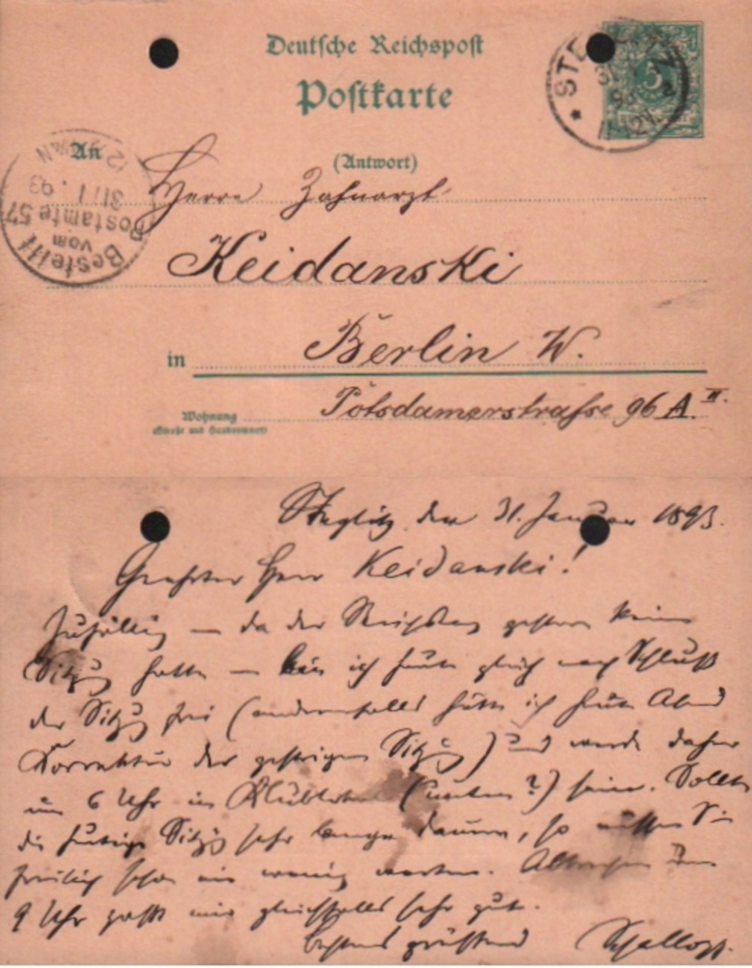 Schallopp, Emil. Postalisch gelaufene Postkarte mit eigenhändig geschriebenem Text von Emil