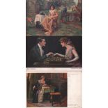 Postkarte. Damen und Herren beim Schachspiel. 5 farbige und 1 schwarzweiße Postkarten (davon 1