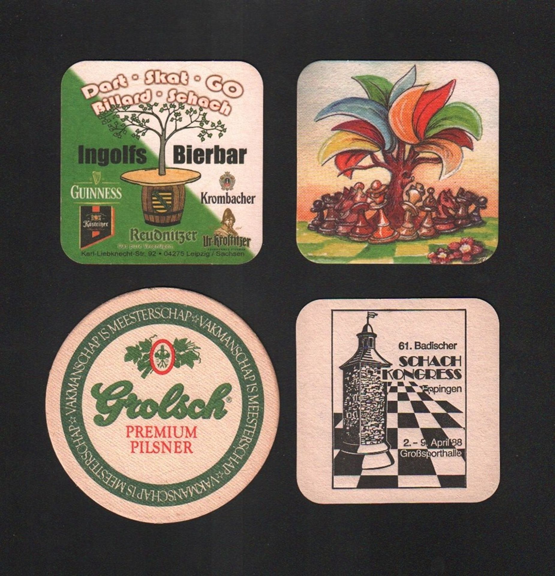 Bierdeckel. Private Sammlung von 14 Bierdeckeln mit Schachmotiven aus der Zeit 1970 - 2022.