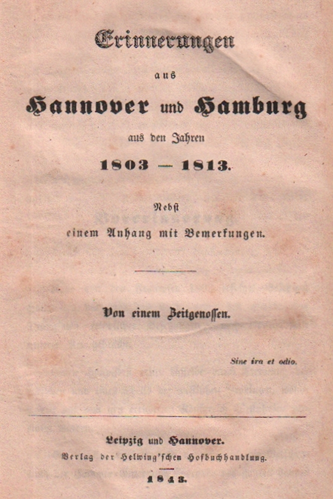 (Mierzinsky, Ignaz August) Erinnerungen aus Hannover und Hamburg aus den Jahren 1803 – 1813. Nebst