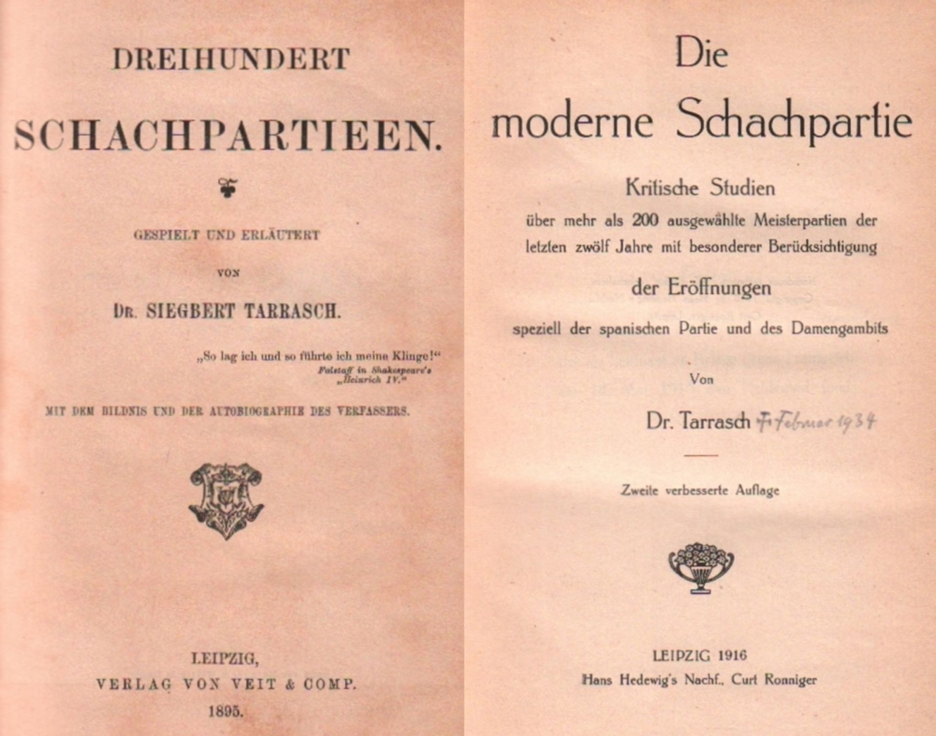 Tarrasch, Siegbert. Dreihundert Schachpartieen. Gespielt und erläutert. Mit der Autobiographie des