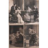 Postkarte. Galante Paare beim Schachspiel. 8, teils farbige und teilweise postalisch gelaufene